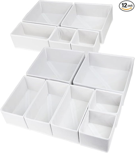 Fordonral 12 Pack Drawer Organizer Clothes, Foldable Fabric Dresser Organizer Closet Organizers and Storage Box for Underwear,Folded Clothes,Baby Clothing,Socks,Bra,Towels,Ties(12 Pack,White)