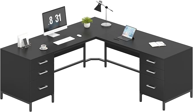 TVU 59’‘ L Shaped Desk with 6 Wood Drawers, Large Home Office Corner Computer Desk with Storage File Cabinet, Modern Metal Wood Desk for Executive Writing Study Workstation, Black
