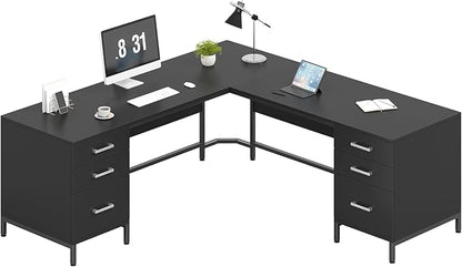 TVU 59’‘ L Shaped Desk with 6 Wood Drawers, Large Home Office Corner Computer Desk with Storage File Cabinet, Modern Metal Wood Desk for Executive Writing Study Workstation, Black