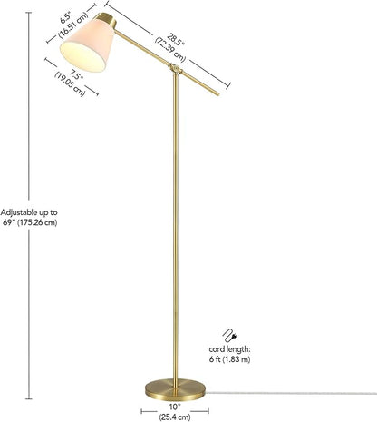 Globe Electric 69" Floor Lamp, Swing Arm, Matte Brass Plated, White Tapered Fabric Shade, On/Off Rotary Switch on Socket, 5-Foot Clear Cord, 1-Light, 40W E26/Medium Base Bulb