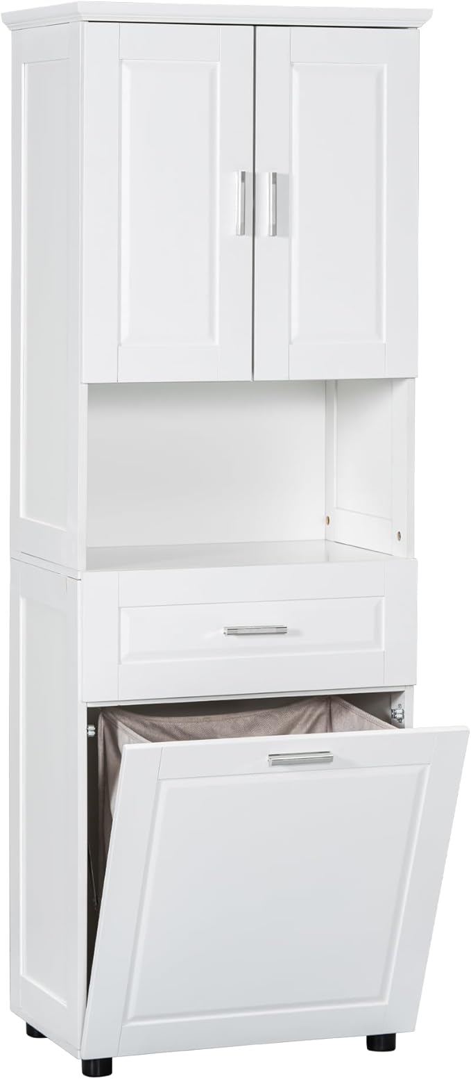 70" Tall Bathroom Storage Cabinet with Two Doors and Drawer, Open Space and Laundry Hampers for Home Display Organizer, Removable Laundry Basket, Adjustable Shelf, White