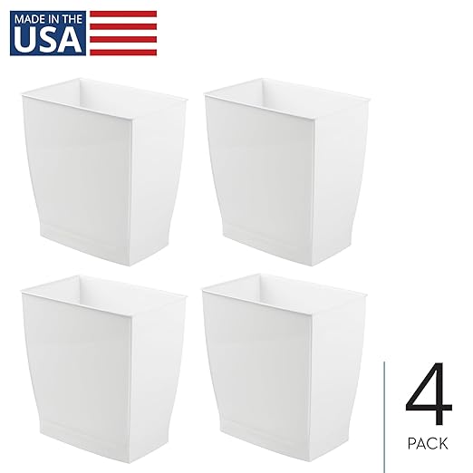 iDesign Small Plastic Bathroom Trash Can, Slim Rectangle Garbage Bin for Bedroom, Office, Dorm, 4-Pack, White