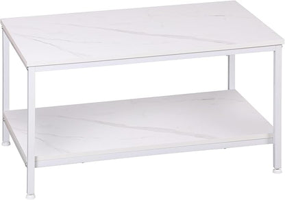 SUPER DEAL 2-Tier Industrial Coffee Table with Storage Shelf for Small Apartment Living Room, Rectangle Wood and Stable Metal TV Stand Side End Table, White Marble