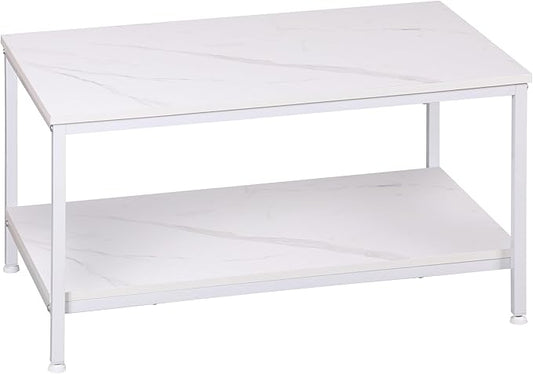 SUPER DEAL 2-Tier Industrial Coffee Table with Storage Shelf for Small Apartment Living Room, Rectangle Wood and Stable Metal TV Stand Side End Table, White Marble