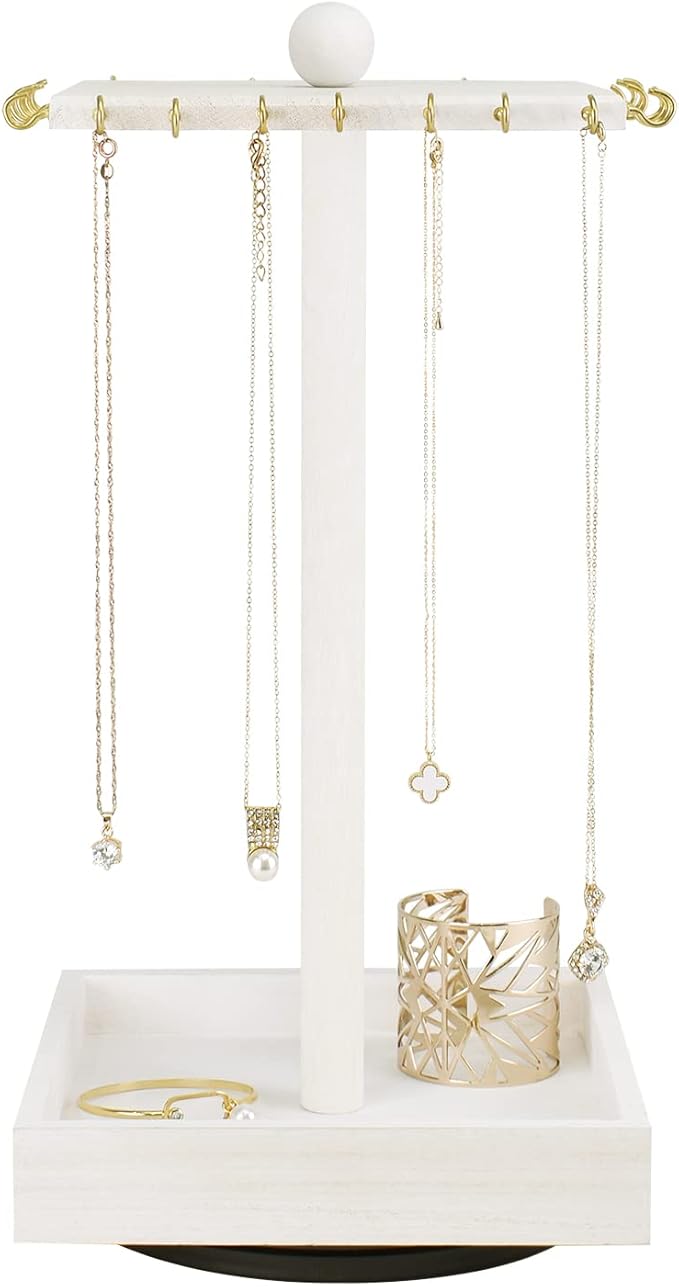 Ikee Design 2 Pcs Set Wooden Rotating Jewelry Display Stand Tower for Shows,Jewelry Organizer for Necklace and Bracelet, Rotating Necklace and Bracelet Holder Organizer,White Color