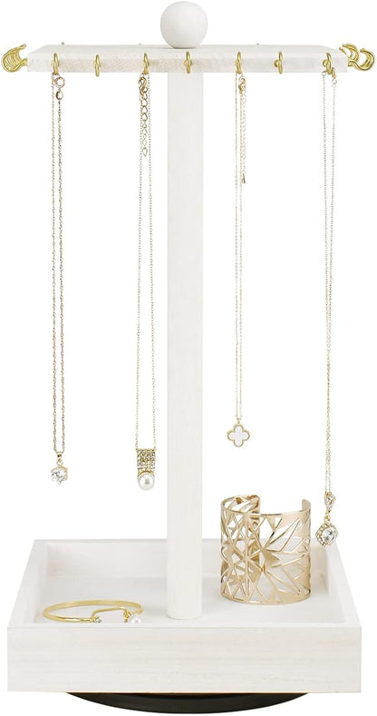 Ikee Design 2 Pcs Set Wooden Rotating Jewelry Display Stand Tower for Shows,Jewelry Organizer for Necklace and Bracelet, Rotating Necklace and Bracelet Holder Organizer,White Color