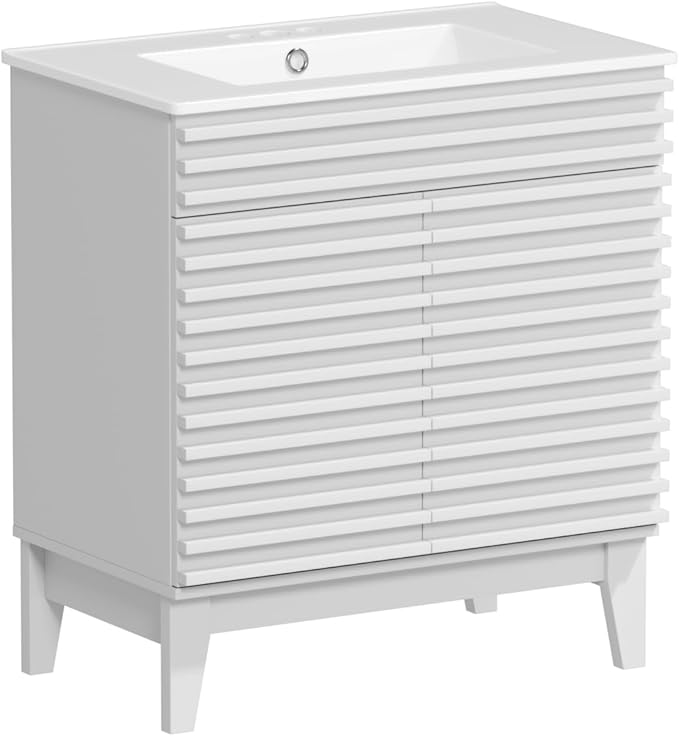 ROOMTEC 30" Bathroom Vanity with Sink, Mid-Century Freestanding Bathroom Vanity Sink with Storage, Undermount Ceramic Sink, Particleboard Frame with Wood Grain Laminate, White