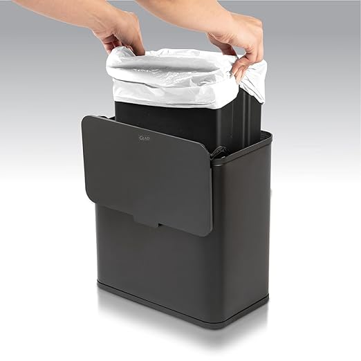 Glad Roomate Under Counter Trash Can - Space Saving Stainless Steel Waste Bin with Dual Lid and Clorox Protection - Small Black Trash Can for Kitchen Cabinet, Under Sink, or Bathroom, 1.5 Gallon (6L)