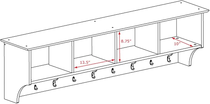 Prepac 60" Contemporary Wall Mounted Coat Rack, Coat Hooks Wall Mount with 4 Shelves, Ideal for Hallway or Entryway Hanging Solution, 11.5"D x 60"W x 16.5"H, Black