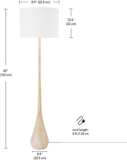 Globe Electric 65" Floor Lamp, Wood-Toned Finish, White Cotton Shade, Japandi Style, E26 Base, On/Off Rotary Switch, 5-Ft Cord, 52112
