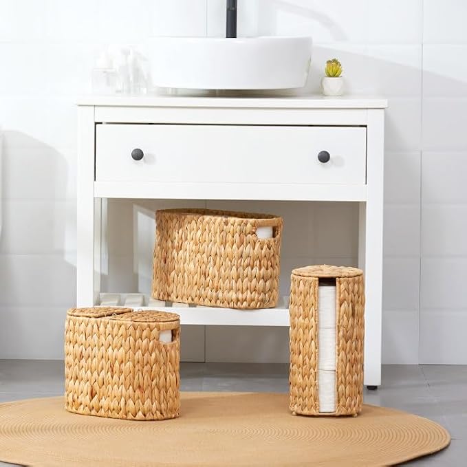 Toilet Paper Basket with Lid, Water Hyacinth Wicker Toilet Paper Storage Holder for 4 Rolls, Toilet Paper Storage for Bathroom