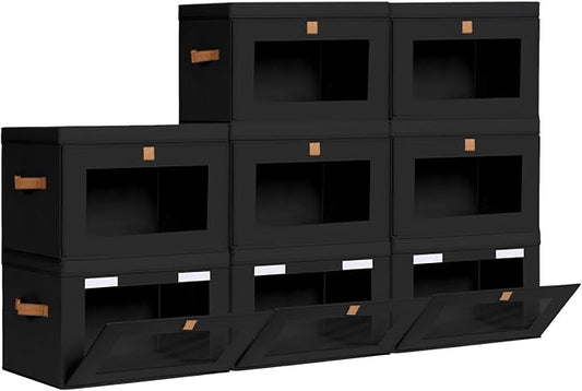 Homsorout Large Closet Storage Bins - Collapsible Clothes Organizer with Handles & Window, Decorative Boxes with Lids, Linen Closet Organizers for Living Room, Dorm, 8 Pack, Black