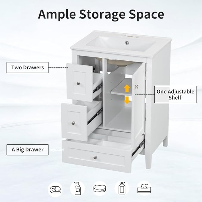 Merax 24 inch Bathroom Vanity with Drawers, Modern White Vanity for Small Bathroom with Adjustable Shelf & Removable Dividers, Easy to Clean Glossy Finish, White