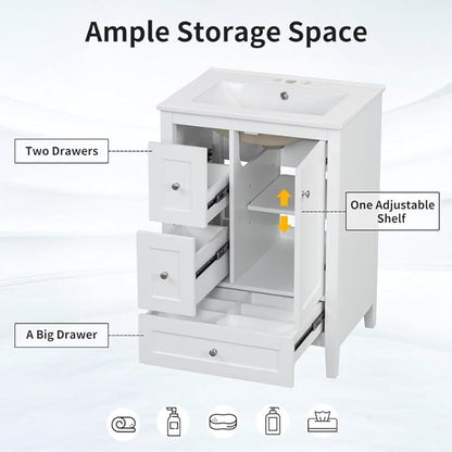 Merax 24 inch Bathroom Vanity with Drawers, Modern White Vanity for Small Bathroom with Adjustable Shelf & Removable Dividers, Easy to Clean Glossy Finish, White