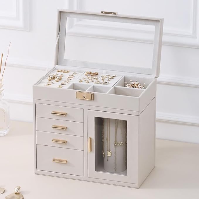 CASEGRACE Large 5-Layer Jewelry Organizer Box with 360° Rotating Necklace Holder, 4 Drawers -Jewelry Case for Necklaces, Rings, Earrings, Bracelets, Watches | Elegant Storage & Gift for Women