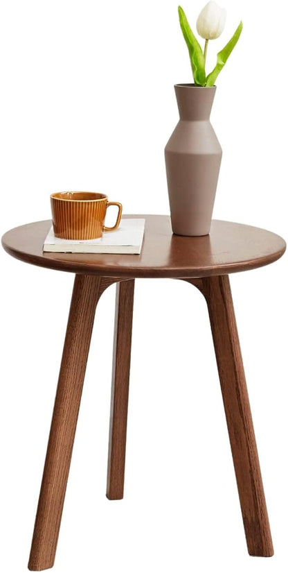 Round Side Table - 100% Natural Solid Oak Wood - 3 Legs Wood End Table for Living Room - Easy Assembly, Elegant Round End Table - Eco-Friendly Painted Small Side Table (Colour: Walnut)