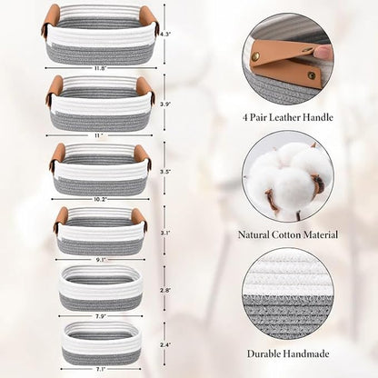 Storage Baskets for Organizing, Small Woven Basket Set of 6 - 4 Shelf Basket with Leather Handle and 2 Small Gift Baskets, Cotton Rope Basket for Shelves, Nursery, Dog Toy, Bathroom