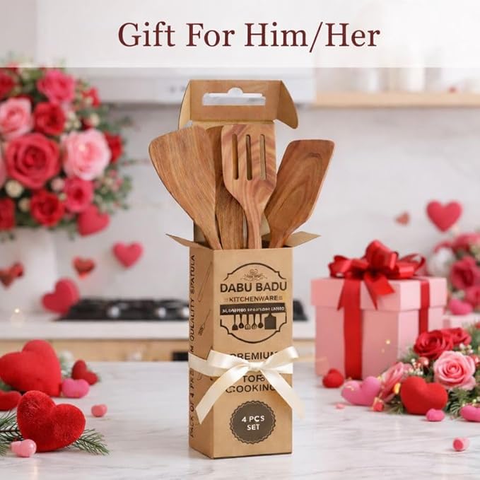 6 Piece Teak Wood Utensil Set - Non Toxic, Handmade Cooking Spoons & Spatulas for Nonstick Cookware - Includes Wok Spatula, Skimmer & Salad Set - Heat Resistant Kitchen Utensil Gift Set