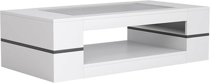 HedoAjim 47.2" Modern Stylish Coffee Table with Glass Table Top, Large Living Room Table Rectangular 2-Tier Center Tables with Storage, Wooden Tea Tables for Dining Reception Room, White