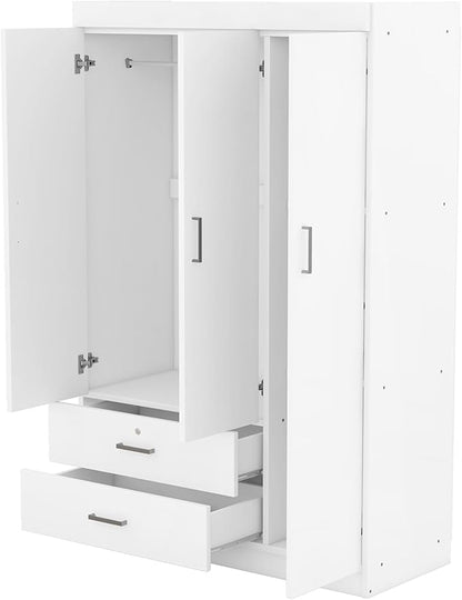 3 Door Wardrobe Cabinet Closet with Storage Drawers, Shelves and Hanging Rail for Clothes, Bedroom Organizer