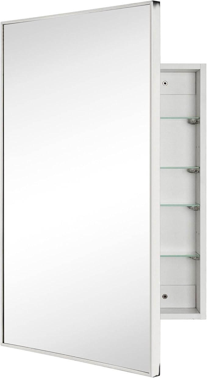 TEHOME 24'' x 30'' Polished Nickel Recessed and Surface Mount Bathroom Medicine Cabinet with Mirror Square Cornered Metal Framed Rounded Rectangle Medicine Cabinet Mirror