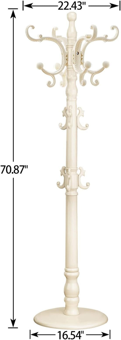 Coat Rack Freestanding, Wooden Coat Tree with Stable Round Base, Vintage Heavy Duty Coat Rack Stand with 14 Hooks, Coat Hanger Stand for Bedroom, Office, Entryway (Ivory)