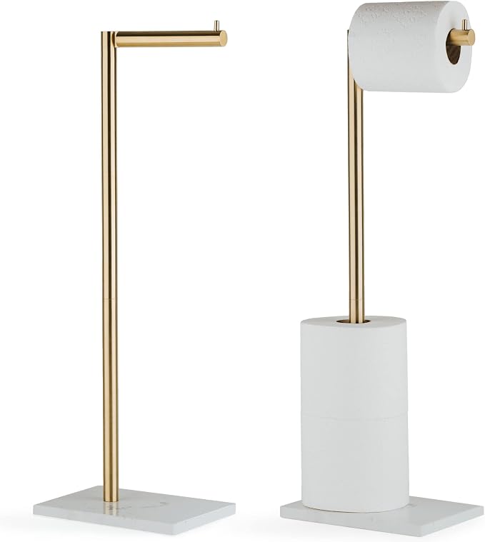 MARMOLUX ACC Free Standing Gold Toilet Paper Holder Stand White Marble Base and Storage | 4 Jumbo Roll Bathroom Hardware Toilet Tissue Organizer | Stainless Steel Bathroom Decor Accessory