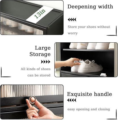 Tall Bamboo Shoe Cabinet with Doors, 11-Tier Shoe Rack for Closet, Freestanding Shoe Storage Cabinet for Hallway Living Room (Black-02)