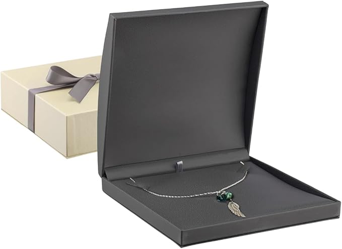 Luxury Dome-Shape Leather Necklace Box - Leather Interior Chain & Necklace Jewelry Gift Box for Men & Women - Necklace Case with Cream Ribbed Fancy Outer Box & Matching Bow Ribbon