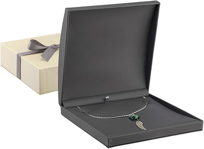 Luxury Dome-Shape Leather Necklace Box - Leather Interior Chain & Necklace Jewelry Gift Box for Men & Women - Necklace Case with Cream Ribbed Fancy Outer Box & Matching Bow Ribbon