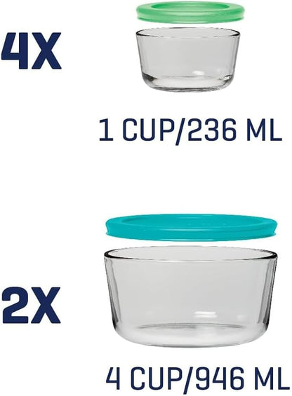 Anchor Hocking 12 Piece Glass Storage Containers with Lids (6 Glass Food Storage Containers & 6 Mixed Blue SnugFit Lids)