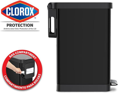Glad Slim Trash Can with Clorox Odor Protection - Narrow Kitchen Garbage Bin with Soft Close Lid, Step On Foot Pedal and Waste Bag Roll Holder, Black, 12 Gallon/45 Liter