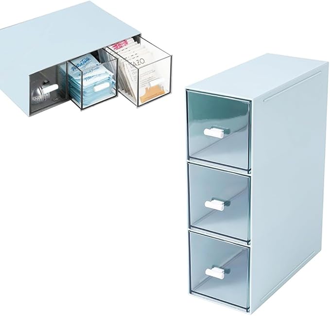 Desk Drawer Organizer with 3 Drawers, Plastic Clear Tea Bag Organizer, Stackable Tea Bag Holder, Makeup Organizers, Bathroom Organizers, Tea Bags Storage for Kitchen Pantry, Sugar Sachets, Cosmetic