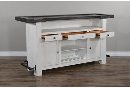 Sunny Designs Carriage House 78" Farmhouse Wood Bar Unit with Sides and Front Foot Rail, Removable Wine Storage Rack, Stemware Rack, Adjustable Shelves, in Dark Brown & White Finish
