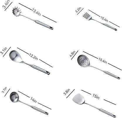 316 Stainless Steel Cooking Tool Set: saute pan spatula ladle, skimmer slotted, pasta, serving spoon, slotted spatula seasoner, dishwasher safe.