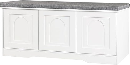 DINZI LVJ Shoe Bench, Entryway Storage Bench with Doors, Cushion, 2-Tier Shoe Rack with 6-Cubby, 39.4”L x 13.8”W Shoe Organizer Cabinet, Adjustable Shelf, Living Room, Bedroom, White
