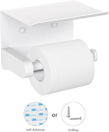VAEHOLD Self Adhesive Toilet Paper Holder with Phone Shelf Stainless Steel Wall Mounted Toilet Paper Roll Holder - Bathroom Washroom Tissue Roll Holder with Storage Shelf - White