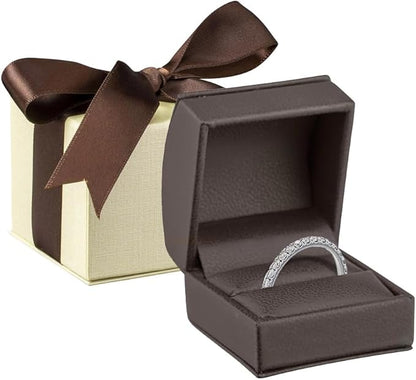 Luxury Dome-Shape Leather Ring Box - Ring Gift Box for Engagement, Proposal, Wedding Day - Jewelry Box with Cream Ribbed Outer Box & Matching Bow Ribbon - Small Ring Case for Men & Women