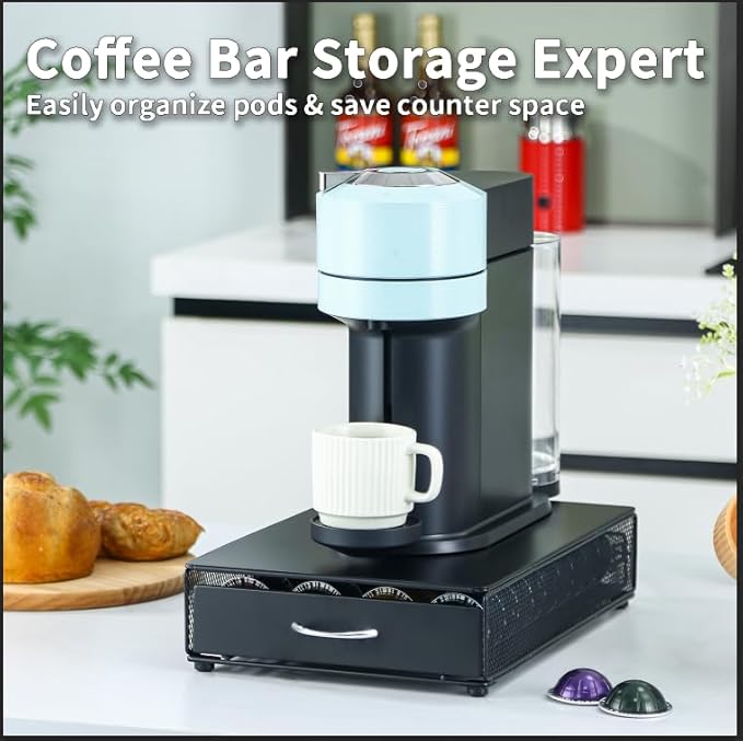 FlagShip Vertuo Pod Holder Drawer with Black Metal,Compatible for Nespresso VertuoLine Pods,Holds up to 40 Big Vertuo Pods,Smooth Pull-Out Design,Fits Under Coffee Makers (10.4''W x 15.2''D x 3.6''H)
