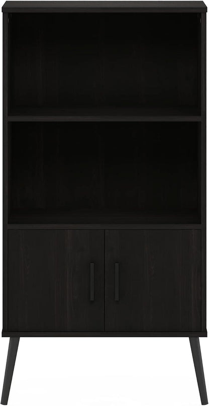 Furinno Claude Mid Century Style Accent Wooden Leg Bookcase Cabinet with Storage Organizer Shelves, Espresso