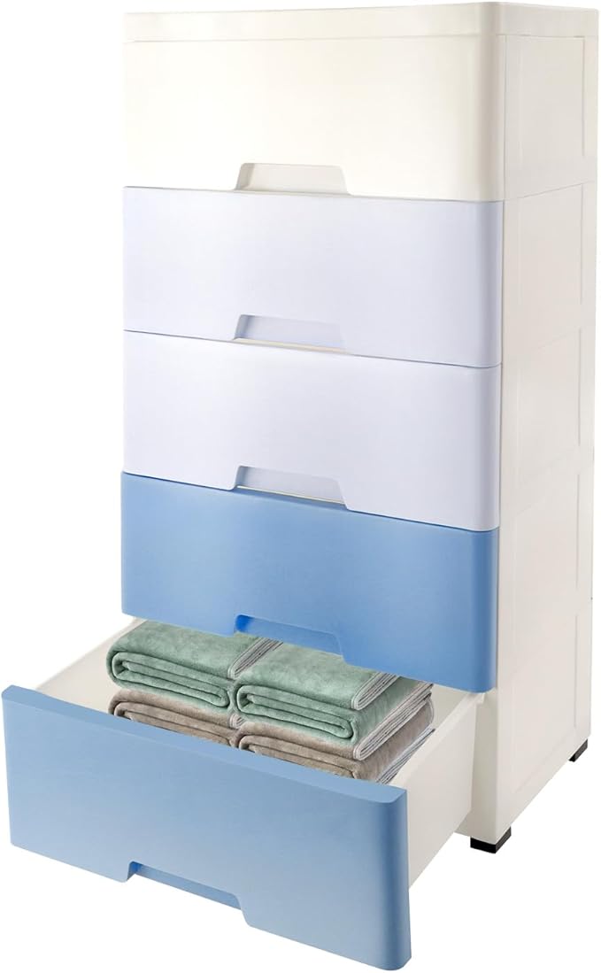 Plastic Dresser for Bedroom with 5 Drawers,Stackable Vertical Storage Tower, Small Dresser Chest of Drawers, Mobile Drawer Storage Cabinet with Wheels for Hallway Entryway,Bedroom Furniture (Blue)