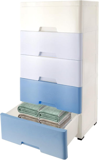 Plastic Dresser for Bedroom with 5 Drawers,Stackable Vertical Storage Tower, Small Dresser Chest of Drawers, Mobile Drawer Storage Cabinet with Wheels for Hallway Entryway,Bedroom Furniture (Blue)