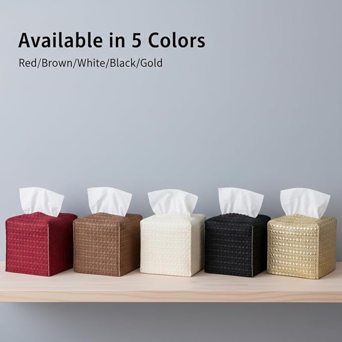 Tissue Box Cover 2-Pack, Square Tissue Holder with Bottom Belt, Modern Tissue Case Facial Paper Organizer Dispenser for Bathroom, Office, Home, Table, Car, Woven Pattern White