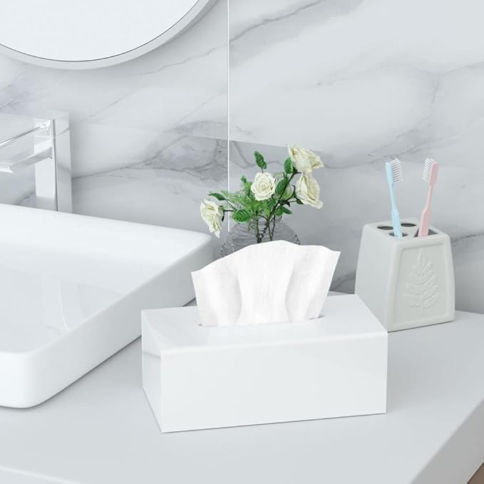HIIMIEI Tissue Box Cover, Acrylic Tissue Holder Napkin Dispenser for Home Office Restaurant Desk Decor, White Rectangular 9.8x5.1x4.5''