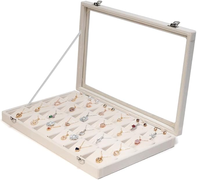 Jewelry Box Necklace Organizer Tray (Beige) Necklace Display Case for Storage Jewelry Necklaces Display Stand 24 Slot Pendant Holder for Women