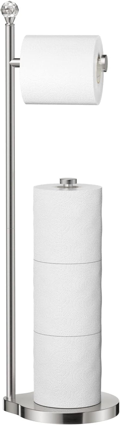 KASUNTO Toilet Paper Holder for Bathroom, Heavy Weighted Metal Free Standing Toilet Paper Storage with Crystal Ball, Toilet Paper Stand for Bathroom Accessories, Brushed Nickel [Holds MEGA Rolls]