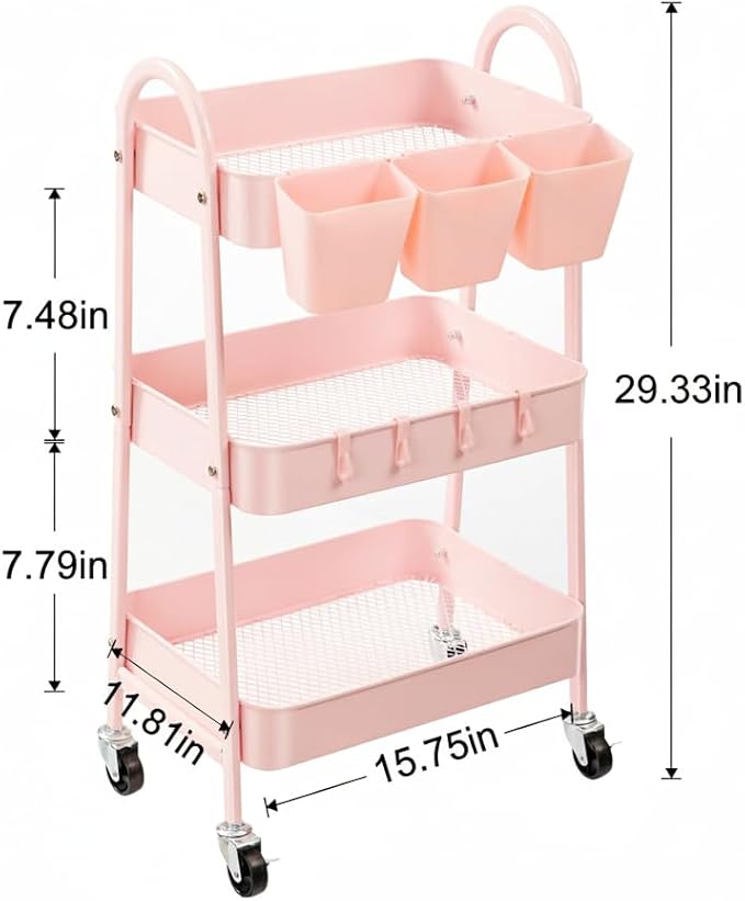 danpinera 3-Tier Rolling Cart, Utility Cart Mobile Metal Rolling Storage Cart with Lockable Wheels & Hanging Cups & Hooks for Kitchen, Bathroom, Office, Workshop, Pink