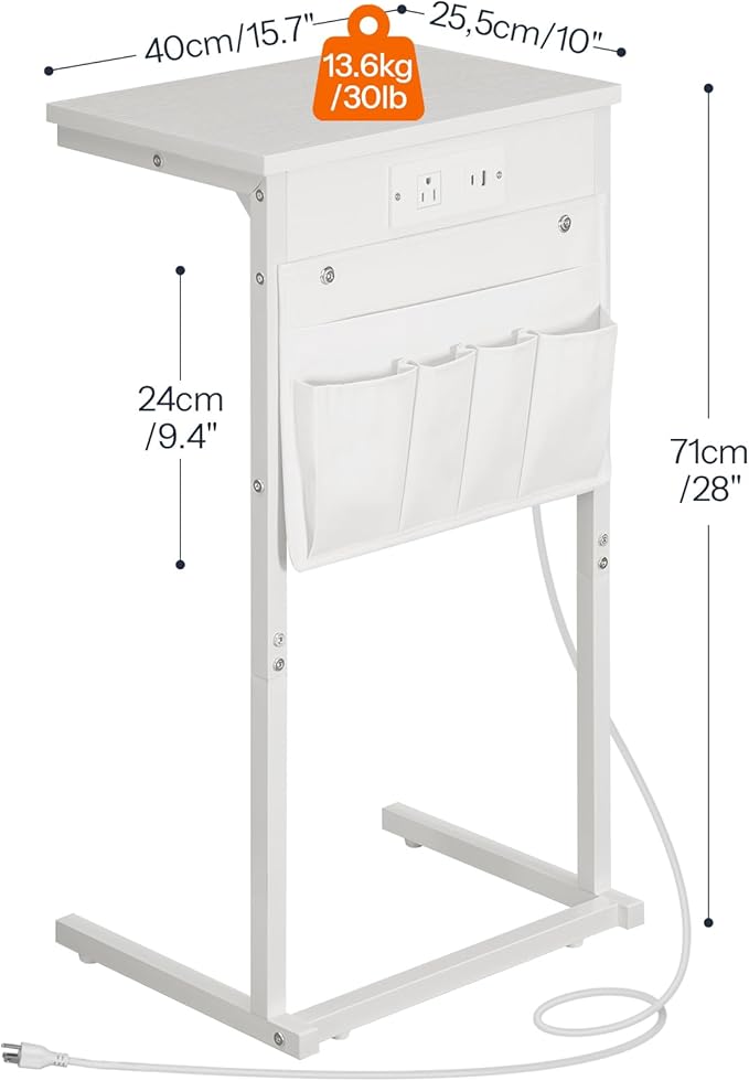 HOOBRO C Shaped End Table with Charging Station, 28" H Couch Side Table Slide Under, Sofa Arm Tray Table with Storage Bag for Living Room, Recliner, White WW70USF01