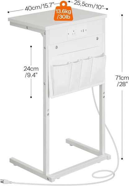 HOOBRO C Shaped End Table with Charging Station, 28" H Couch Side Table Slide Under, Sofa Arm Tray Table with Storage Bag for Living Room, Recliner, White WW70USF01