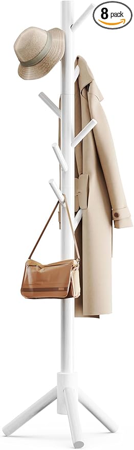 Pipishell Solid Wooden Coat Rack Freestanding, Hall Tree with 8 Hooks, 3 Height Options for Coats, Hats, Handbags, and Scarves, Tool-Free Assembly, Space Saving Design for Entryway, Office, Bedroom